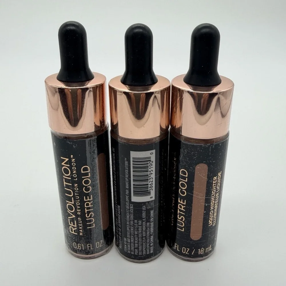 New Lot of 3 Revolution Lustre Gold Liquid Highlighter 0.61 fl. oz London Makeup